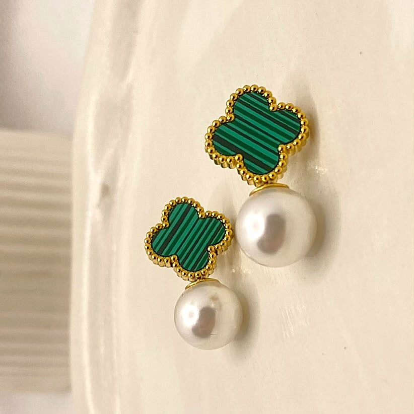 Clover Green Pearl Earrings